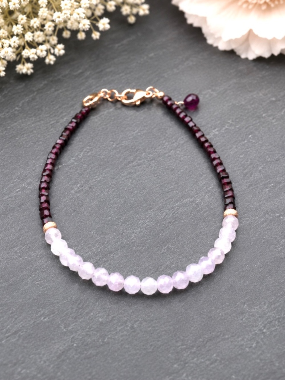 Handmade Natural Rhodolite Garnet & Kunzite Bracelet | 14K Rose Gold Filled